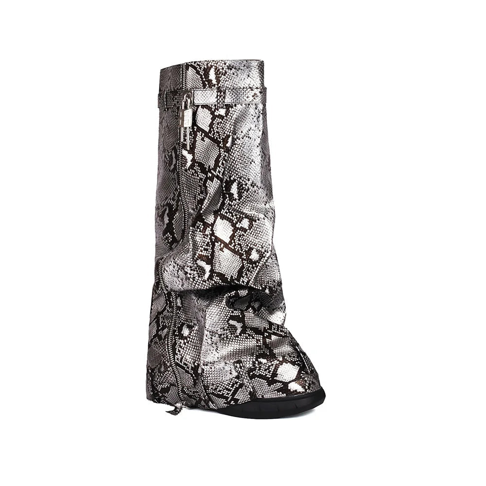 2024 Autumn New Arrival Women's Winter Fashion Colorful Loose Chimney Pipe Wedges Zipper Knee Snake Pattern Large Boot Slver A