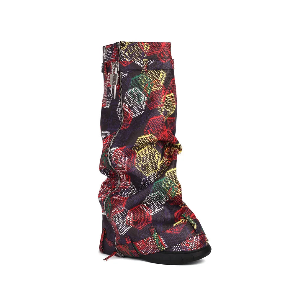 2024 Autumn New Arrival Women's Winter Fashion Colorful Loose Chimney Pipe Wedges Zipper Knee Snake Pattern Large Boot Yellow A