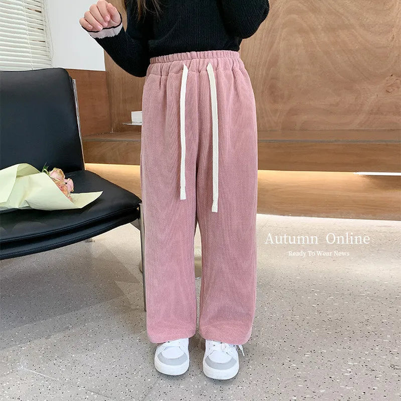 2024 Autumn New Light Luxury Fashion Kids Korean Casual Trousers Girls Comfortable Casual Corduroy Strait Pant Boutique Clothing Pink