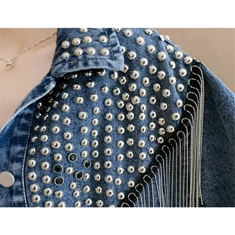 2024 Autumn Streetwear Denim Jacket Women Hand-studded Rivet Tassel Chain Short Jeans Jacket Loose Vintage Casual Black Coats