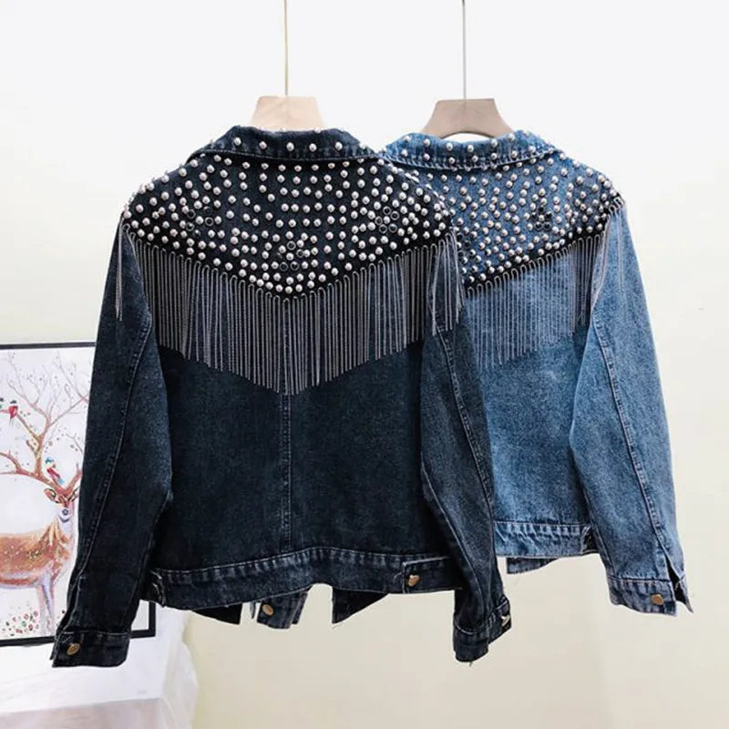 2024 Autumn Streetwear Denim Jacket Women Hand-studded Rivet Tassel Chain Short Jeans Jacket Loose Vintage Casual Black Coats