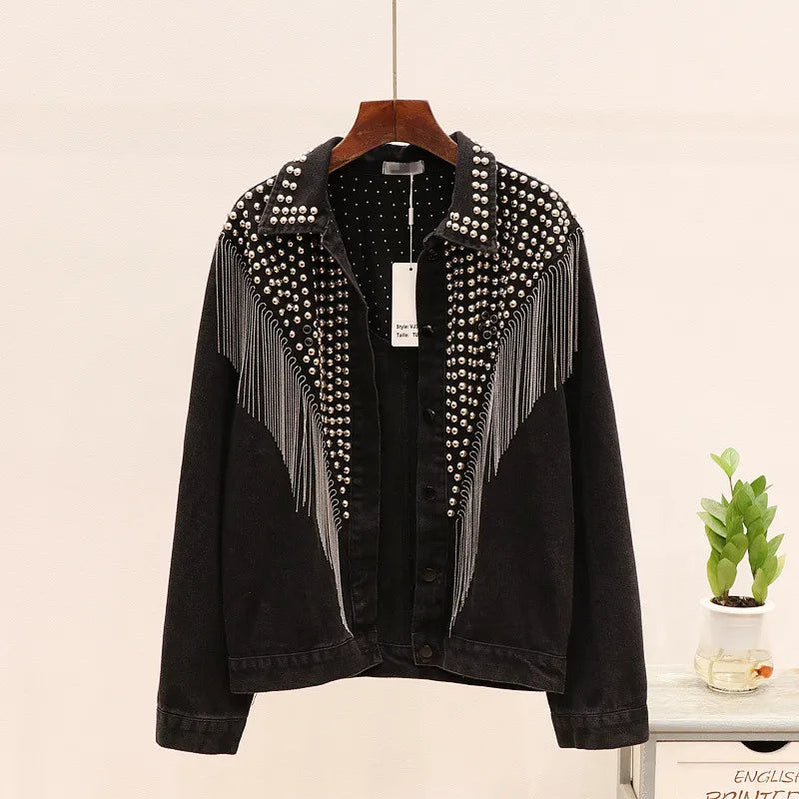 2024 Autumn Streetwear Denim Jacket Women Hand-studded Rivet Tassel Chain Short Jeans Jacket Loose Vintage Casual Black Coats