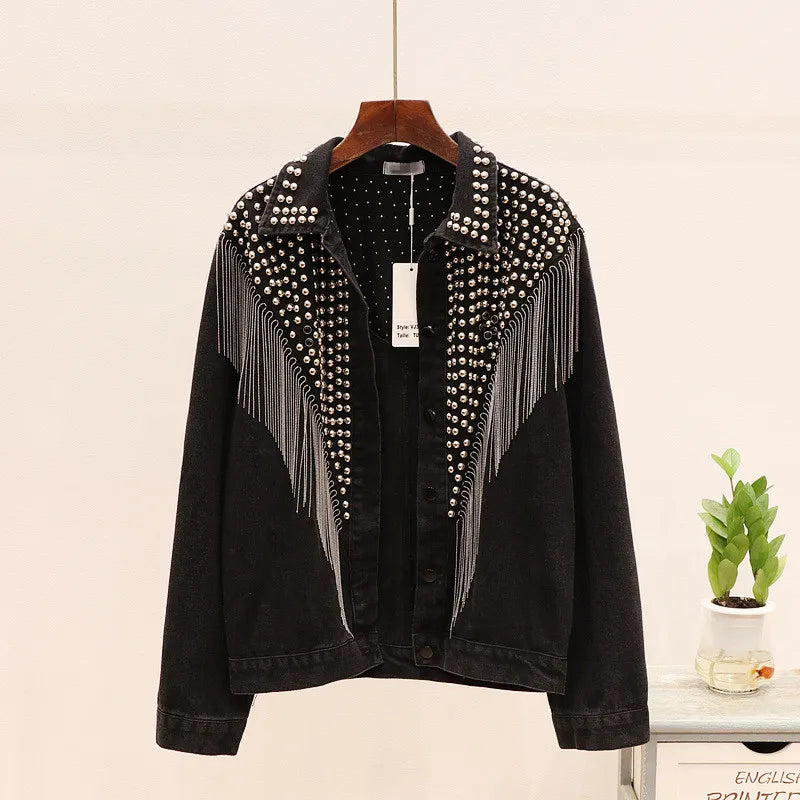 2024 Autumn Streetwear Denim Jacket Women Hand-studded Rivet Tassel Chain Short Jeans Jacket Loose Vintage Casual Black Coats