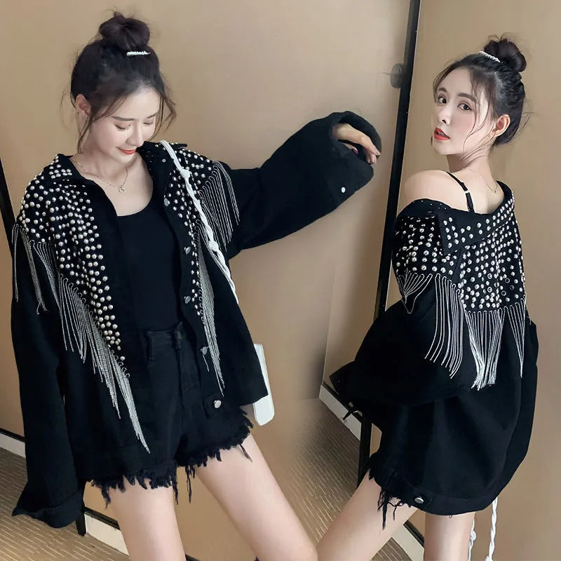 2024 Autumn Streetwear Denim Jacket Women Hand-studded Rivet Tassel Chain Short Jeans Jacket Loose Vintage Casual Black Coats black