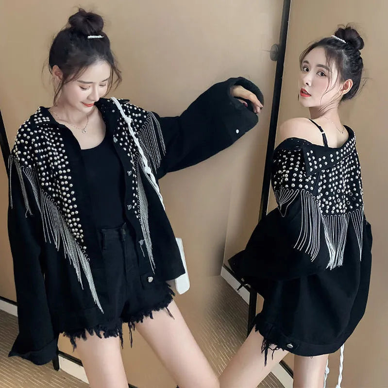 2024 Autumn Streetwear Denim Jacket Women Hand-studded Rivet Tassel Chain Short Jeans Jacket Loose Vintage Casual Black Coats