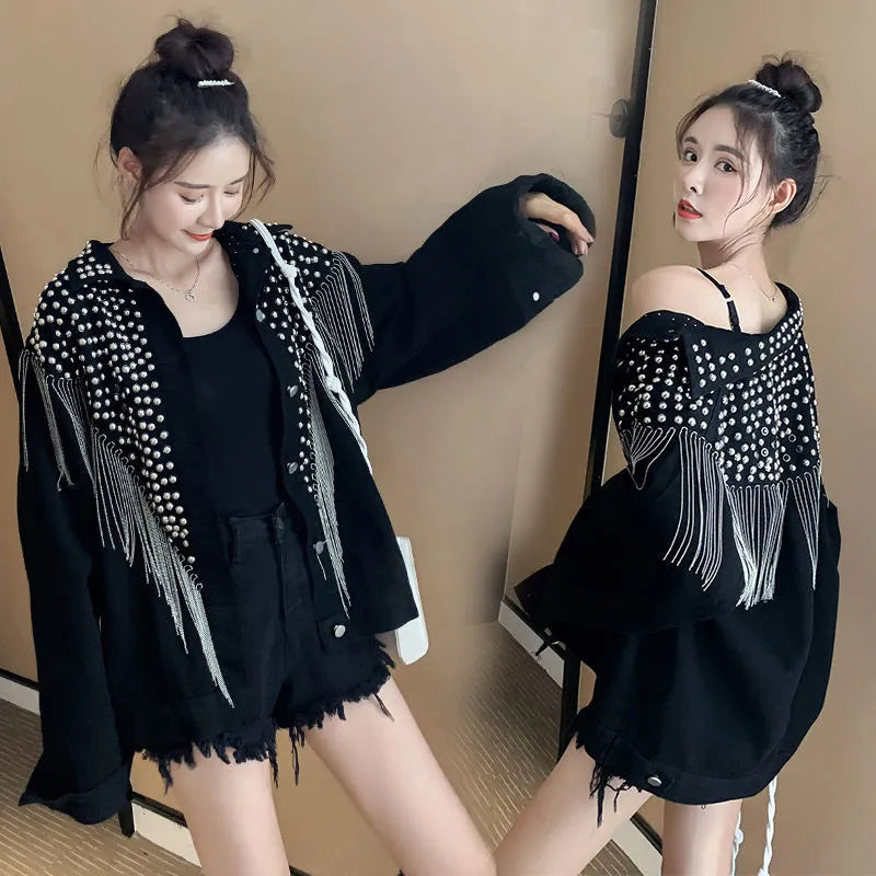 2024 Autumn Streetwear Denim Jacket Women Hand-studded Rivet Tassel Chain Short Jeans Jacket Loose Vintage Casual Black Coats