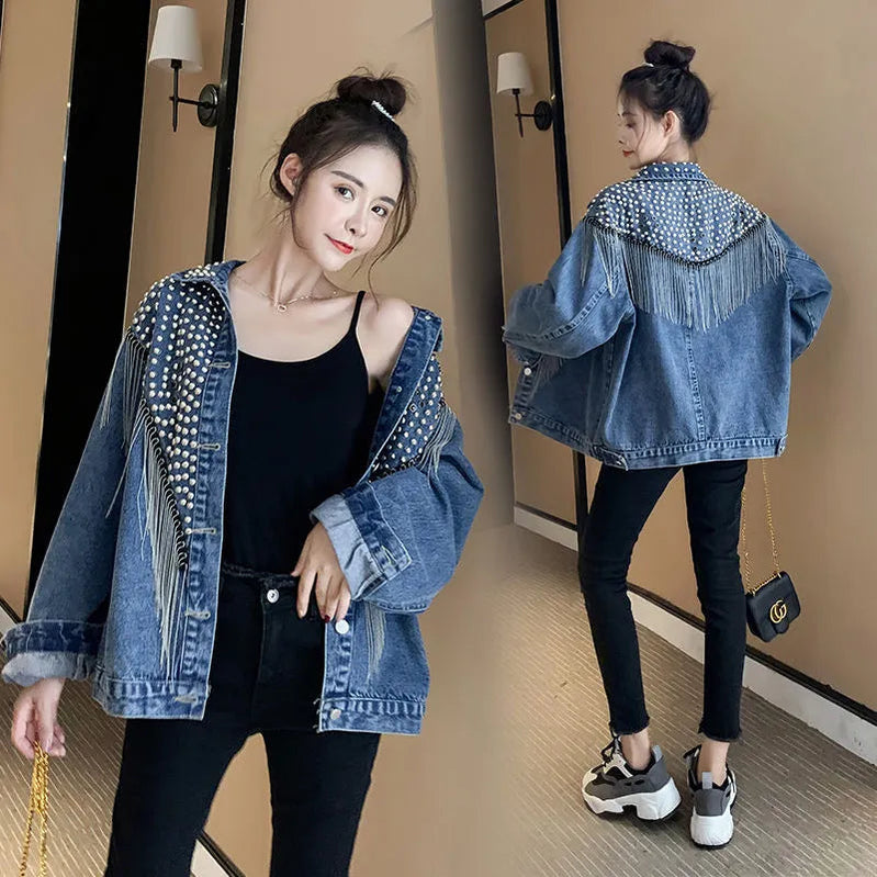 2024 Autumn Streetwear Denim Jacket Women Hand-studded Rivet Tassel Chain Short Jeans Jacket Loose Vintage Casual Black Coats blue