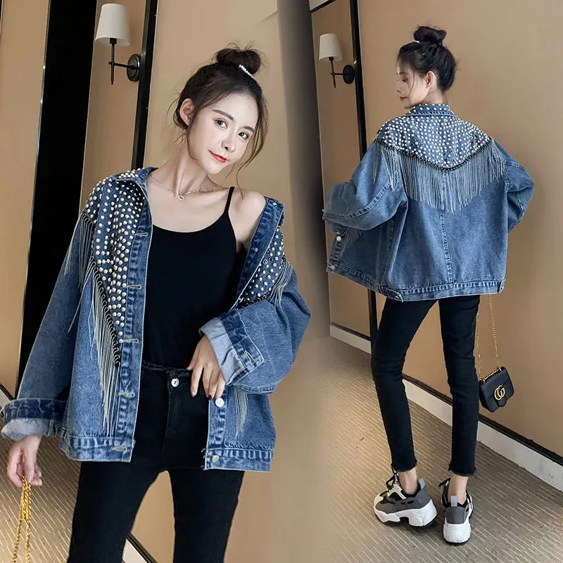 2024 Autumn Streetwear Denim Jacket Women Hand-studded Rivet Tassel Chain Short Jeans Jacket Loose Vintage Casual Black Coats blue