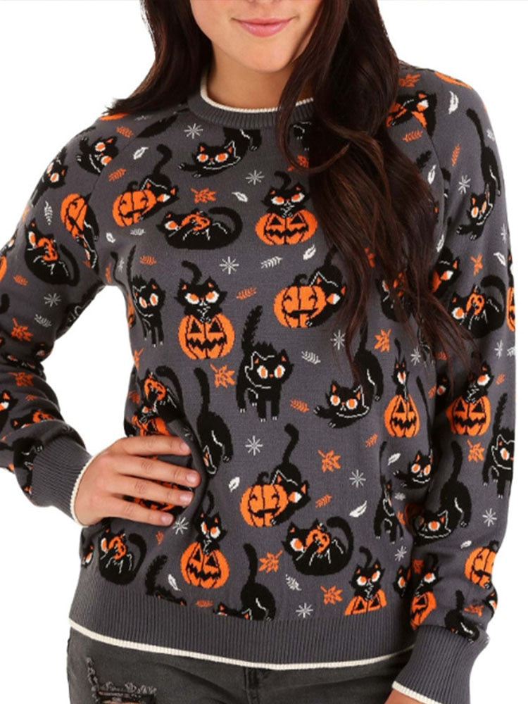 2024 Autumn Vintage Sweaters Winter Thicken Knitwear Pullovers Women Pumpkin Knitted Long Sleeve Sweater Pullover Halloween Tops Slate Grey