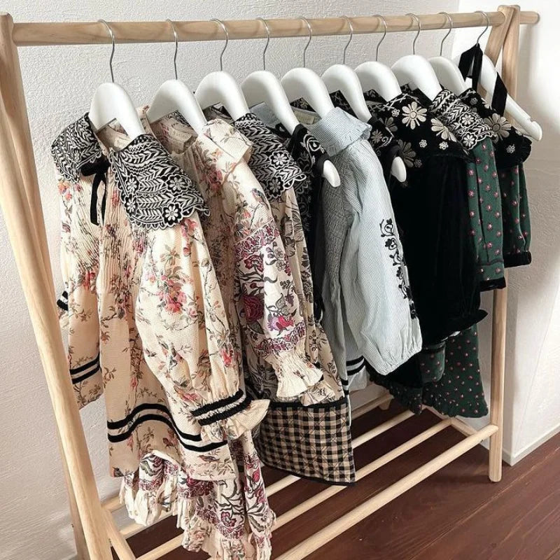 2024 Autumn/Winter BD Girls' Dress Children's High Definition Heavy Industry Embroidery Flower Clamping Bubble Sleeve Polo Neck
