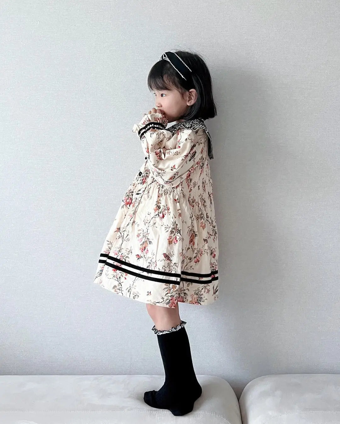 2024 Autumn/Winter BD Girls' Dress Children's High Definition Heavy Industry Embroidery Flower Clamping Bubble Sleeve Polo Neck