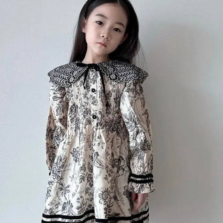 2024 Autumn/Winter BD Girls' Dress Children's High Definition Heavy Industry Embroidery Flower Clamping Bubble Sleeve Polo Neck