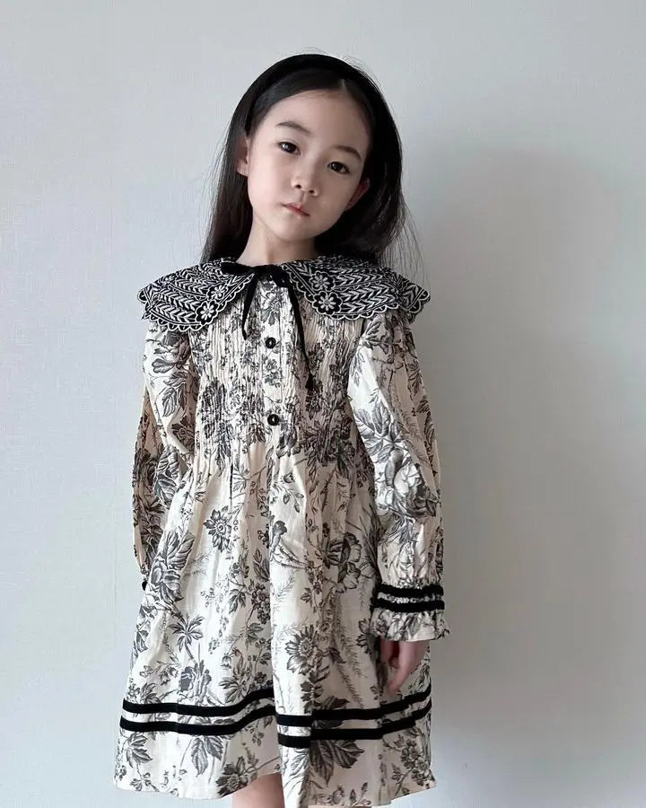 2024 Autumn/Winter BD Girls' Dress Children's High Definition Heavy Industry Embroidery Flower Clamping Bubble Sleeve Polo Neck