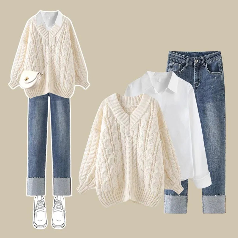 2024 Autumn/Winter New Korean Elegant V-neck Knit Sweater+Shirt+Jeans Three Piece Women's Loose Pullover Denim Pant Matching Set Set 01