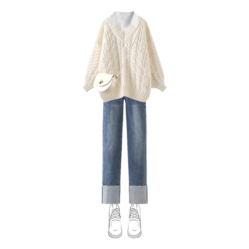 2024 Autumn/Winter New Korean Elegant V-neck Knit Sweater+Shirt+Jeans Three Piece Women's Loose Pullover Denim Pant Matching Set