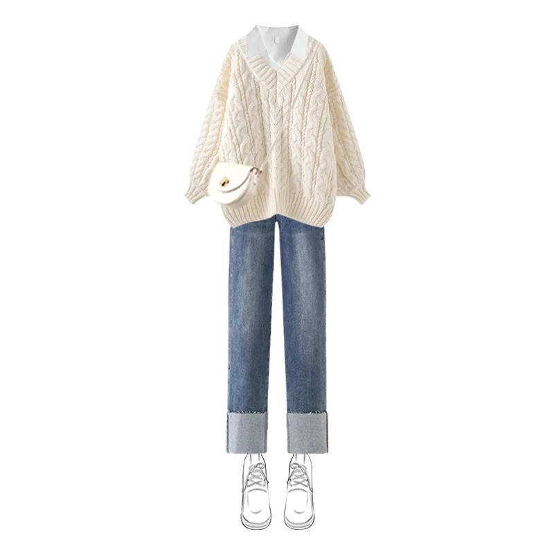 2024 Autumn/Winter New Korean Elegant V-neck Knit Sweater+Shirt+Jeans Three Piece Women's Loose Pullover Denim Pant Matching Set