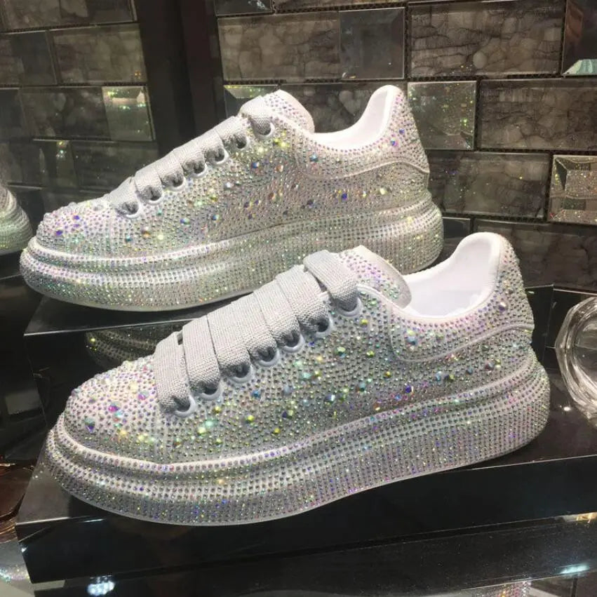2024 Autumn Women Platform Shoes rhinestones Thick-soled White Silver Shoes Shining Crystal Sneakers Trend Casual Sneakers Basso & Brooke