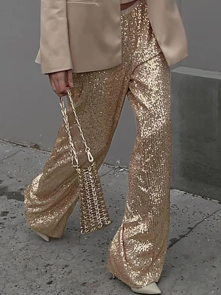 2024 Chic Sequined Full Length Straight Pants Loose Casual Female Solid Long Pants Elegant Women Streetwear All Match Trousers