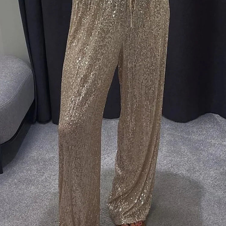 2024 Chic Sequined Full Length Straight Pants Loose Casual Female Solid Long Pants Elegant Women Streetwear All Match Trousers