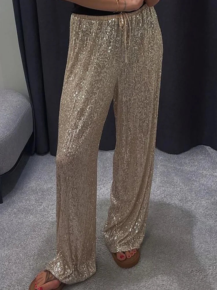 2024 Chic Sequined Full Length Straight Pants Loose Casual Female Solid Long Pants Elegant Women Streetwear All Match Trousers