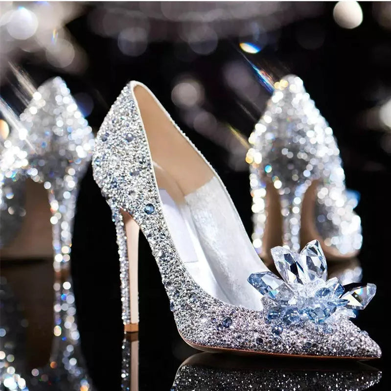 2024 Cinderella Crystal Gold Dress Bridal Shoes Silver Pointed High Heels Stiletto Bridesmaid Shallow Mouth Wedding Shoes Women