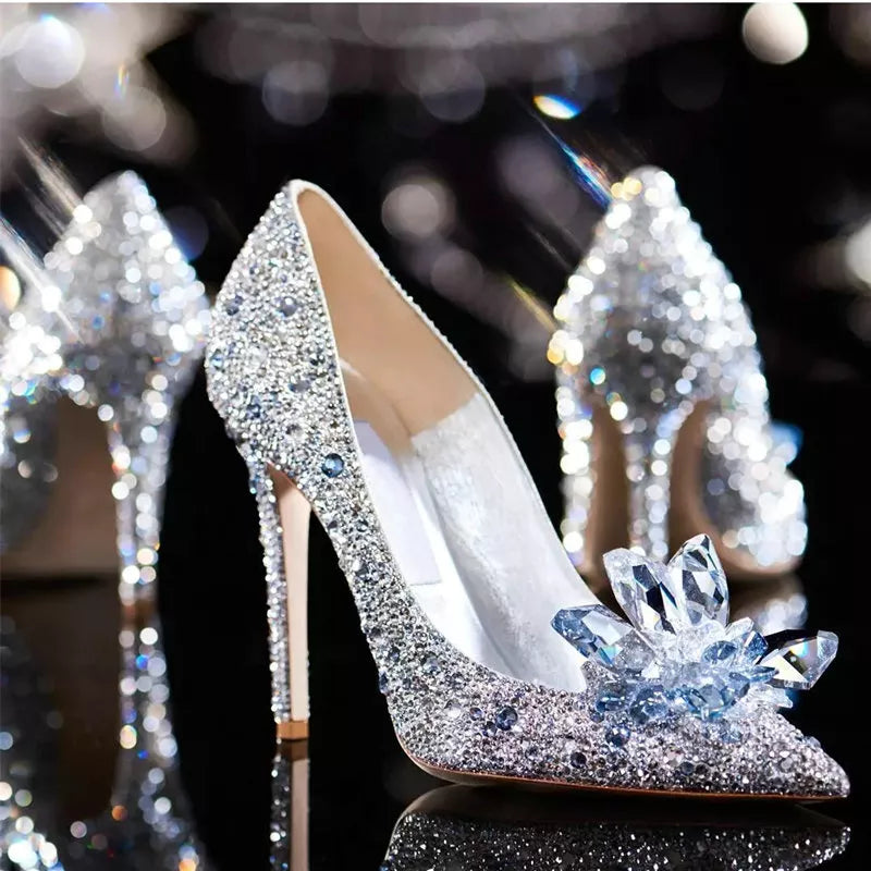 2024 Cinderella Crystal Gold Dress Bridal Shoes Silver Pointed High Heels Stiletto Bridesmaid Shallow Mouth Wedding Shoes Women