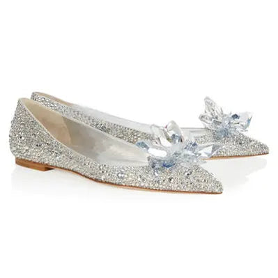 2024 Cinderella Crystal Gold Dress Bridal Shoes Silver Pointed High Heels Stiletto Bridesmaid Shallow Mouth Wedding Shoes Women White Drill Flat