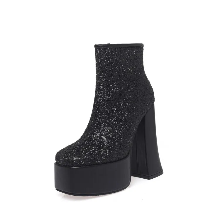 2024 Fantasy Lacquer Leather Side Zipper Short Boots 14cm Thick Heel Gretel Silver Leather Fashion Car Model Square Headed Boots