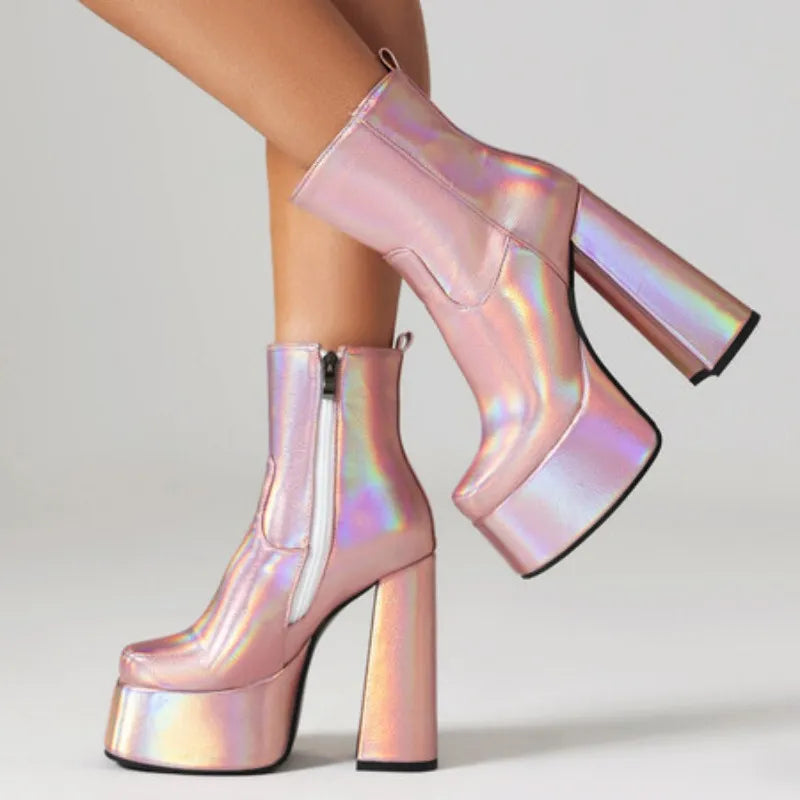 2024 Fantasy Lacquer Leather Side Zipper Short Boots 14cm Thick Heel Gretel Silver Leather Fashion Car Model Square Headed Boots