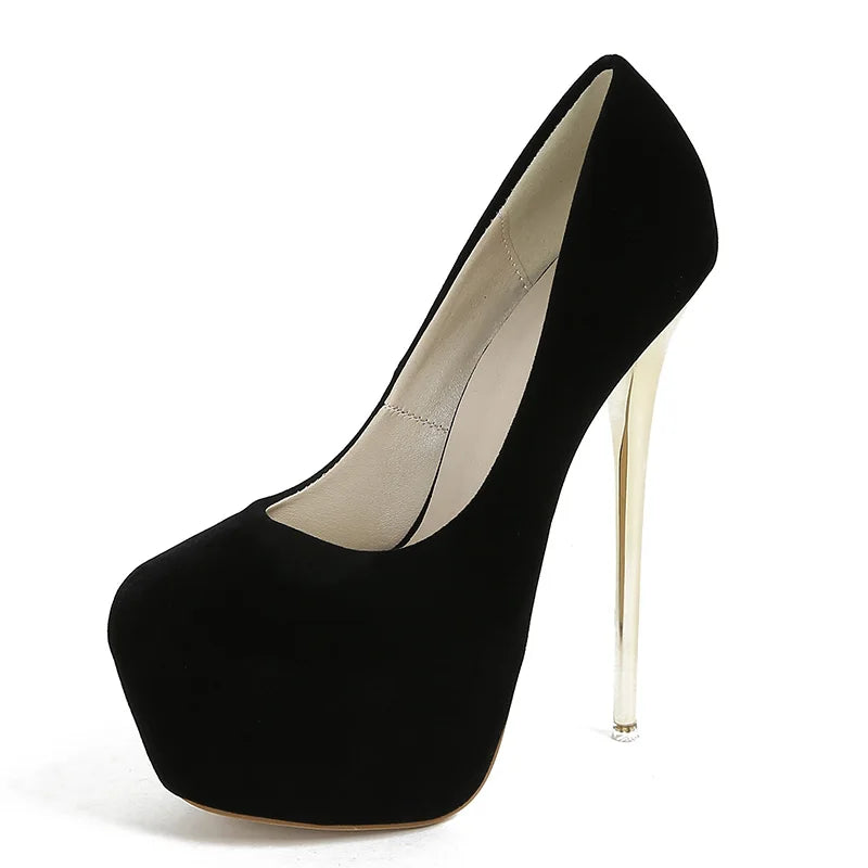 2024 Fashion Sexy Platform Round Head Thin Heels Pumps Women's Flock Super High Heels Shoes Wedding Dress Zapatos Mules Black