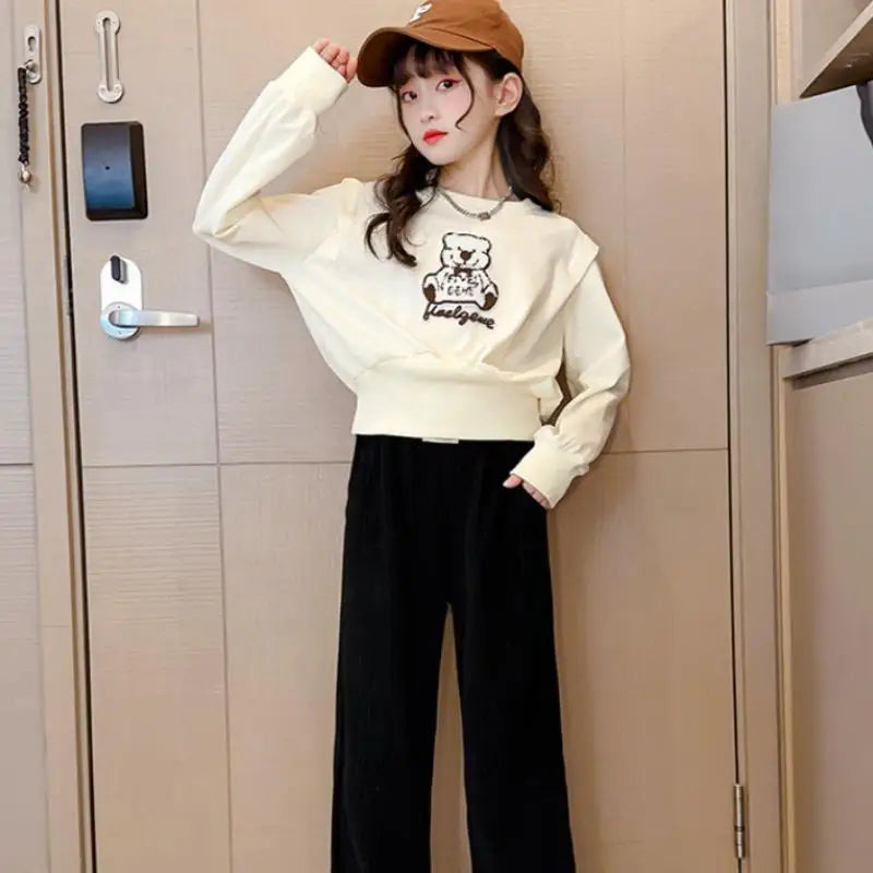 2024 Kids Clothes Girl Spring Autumn Korea Style Set Clothing Long Sleeve Cartoon Letter Sweatshirt Pant Outfits 4-15 Years Old