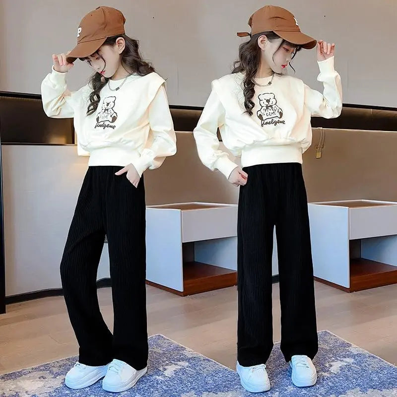 2024 Kids Clothes Girl Spring Autumn Korea Style Set Clothing Long Sleeve Cartoon Letter Sweatshirt Pant Outfits 4-15 Years Old