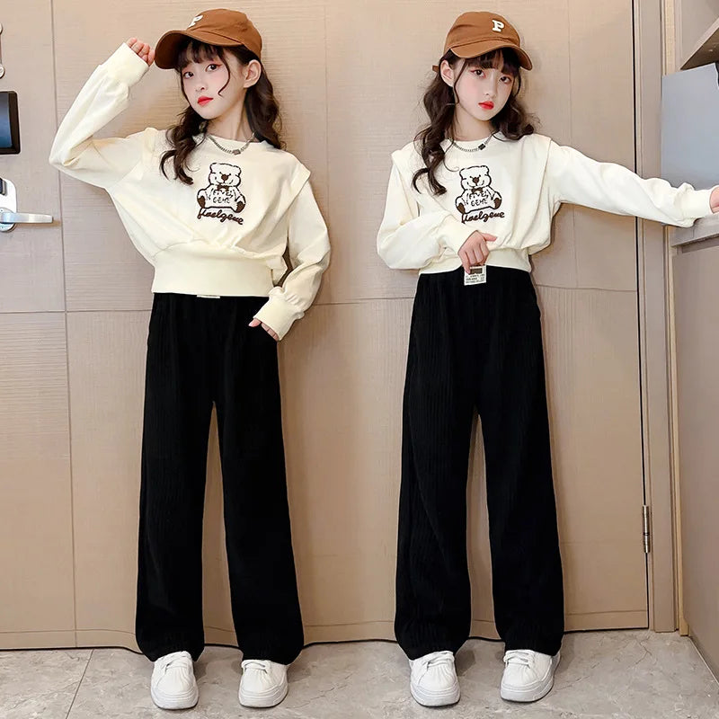 2024 Kids Clothes Girl Spring Autumn Korea Style Set Clothing Long Sleeve Cartoon Letter Sweatshirt Pant Outfits 4-15 Years Old beige