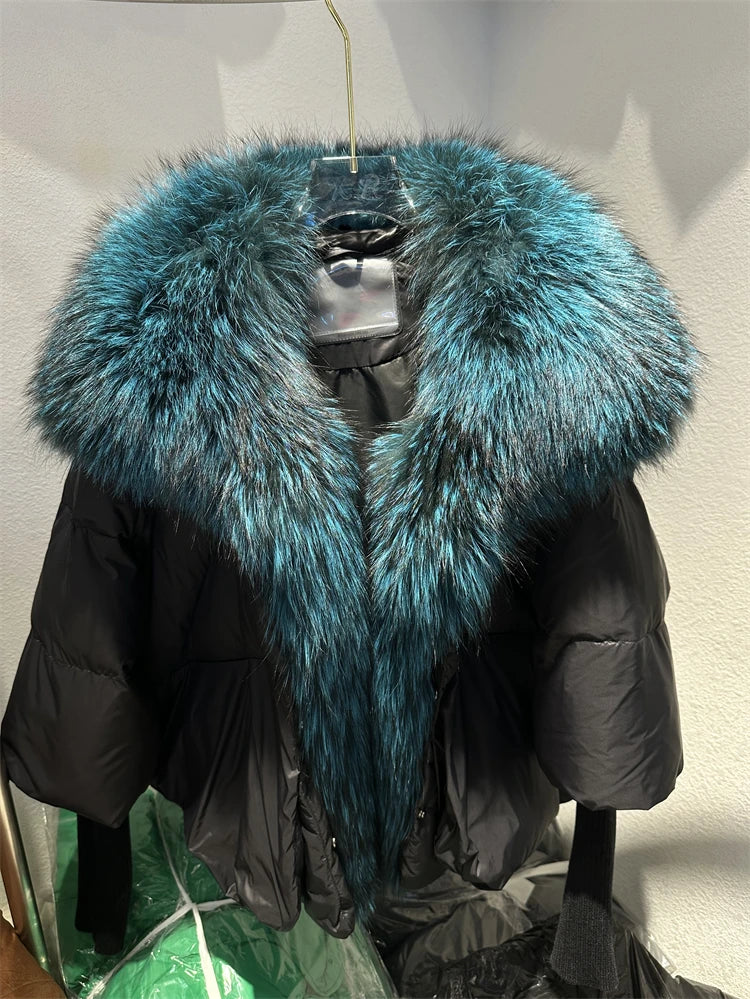 2024 Large Real Silver Fox Fur Collar with Knit Sleeve Winter Women Coat White Duck Down Jacket Super Fashion Outerwear Luxury black blue
