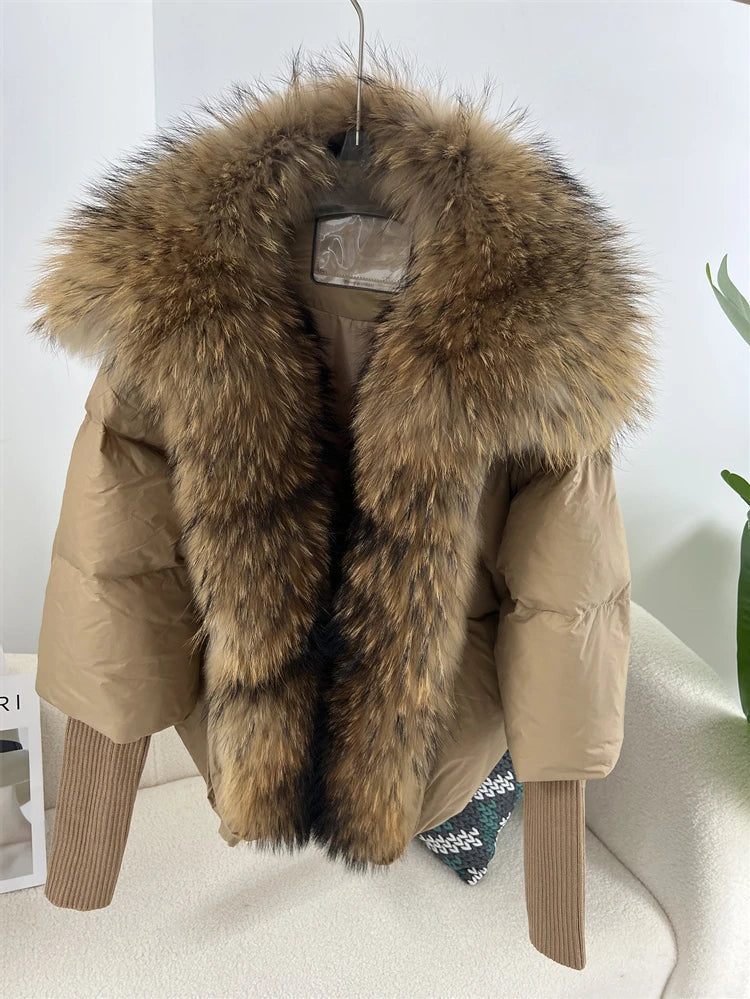 2024 Large Real Silver Fox Fur Collar with Knit Sleeve Winter Women Coat White Duck Down Jacket Super Fashion Outerwear Luxury camel natural
