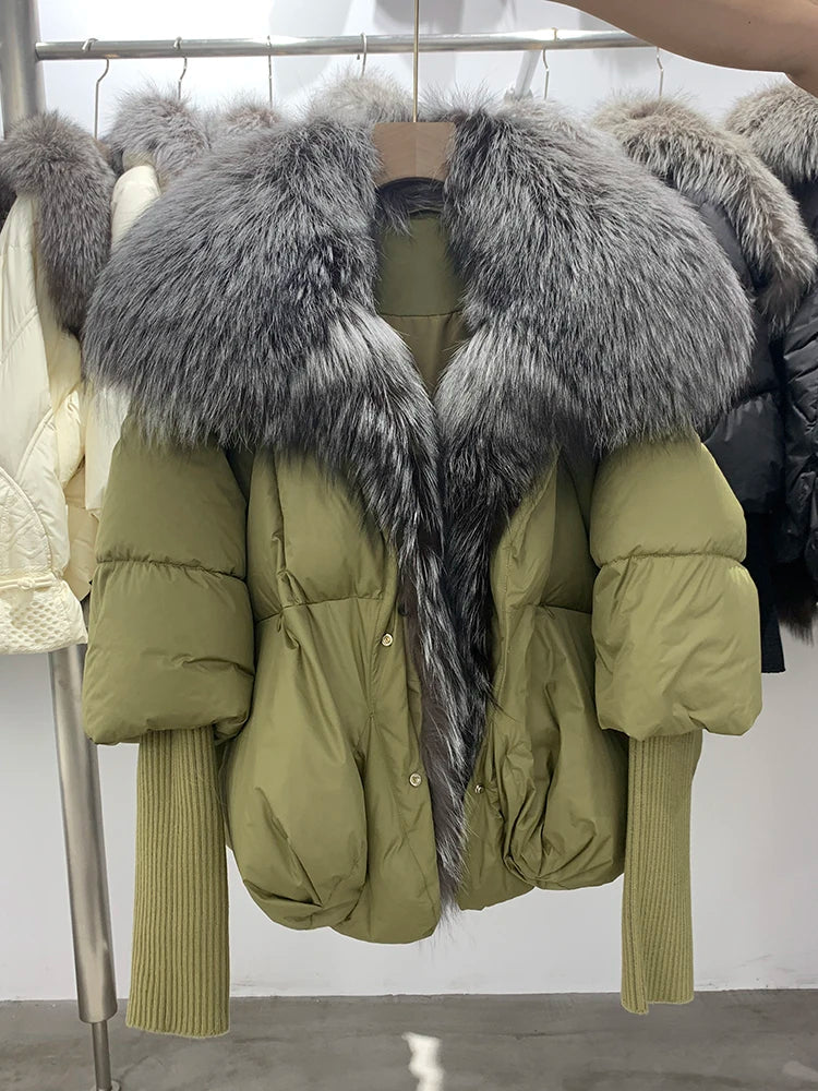2024 Large Real Silver Fox Fur Collar with Knit Sleeve Winter Women Coat White Duck Down Jacket Super Fashion Outerwear Luxury green silver 2