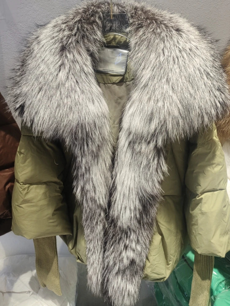 2024 Large Real Silver Fox Fur Collar with Knit Sleeve Winter Women Coat White Duck Down Jacket Super Fashion Outerwear Luxury green silver 3