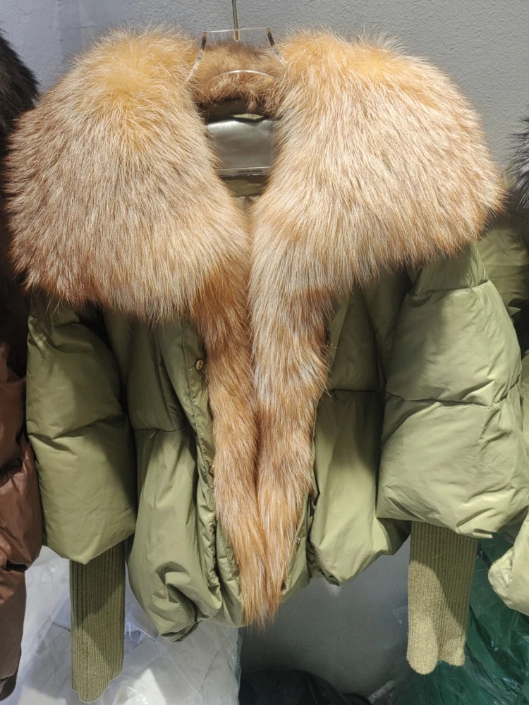 2024 Large Real Silver Fox Fur Collar with Knit Sleeve Winter Women Coat White Duck Down Jacket Super Fashion Outerwear Luxury green gold