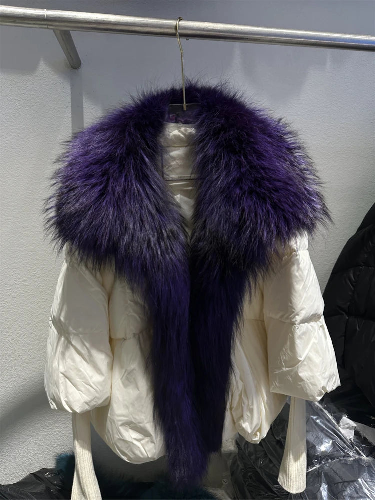 2024 Large Real Silver Fox Fur Collar with Knit Sleeve Winter Women Coat White Duck Down Jacket Super Fashion Outerwear Luxury beige purple