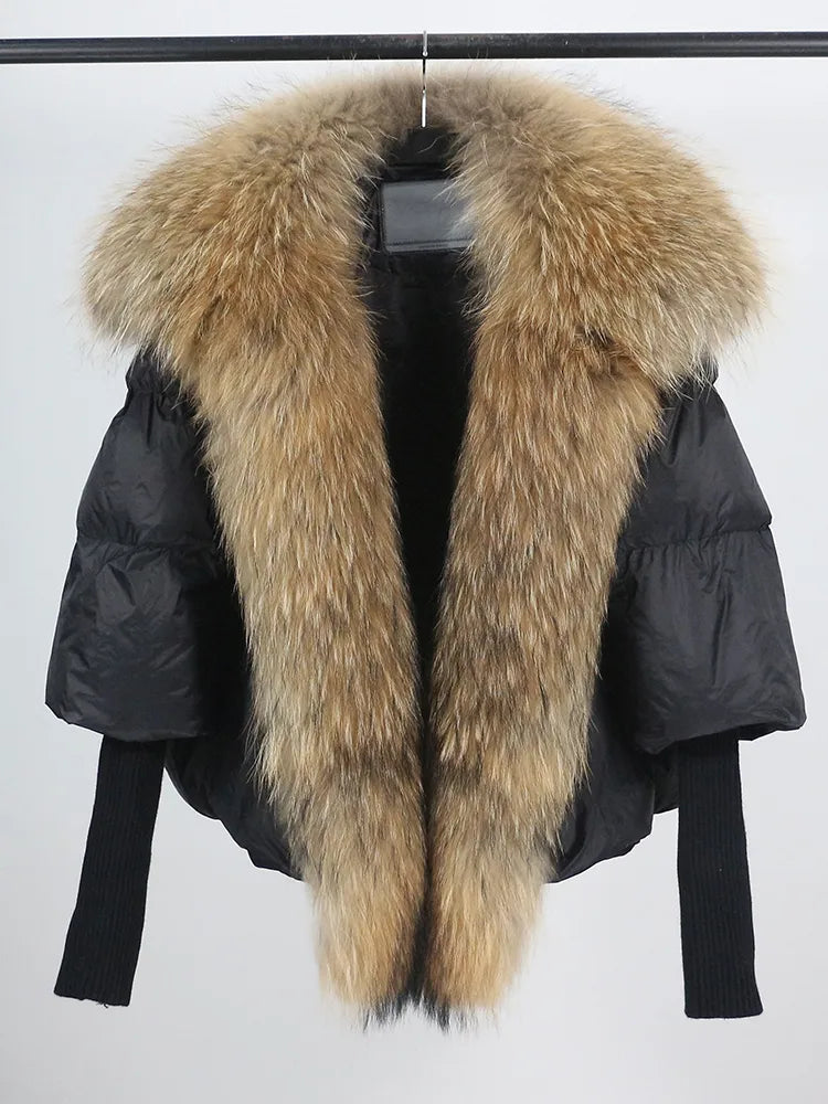 2024 Large Real Silver Fox Fur Collar with Knit Sleeve Winter Women Coat White Duck Down Jacket Super Fashion Outerwear Luxury black natural