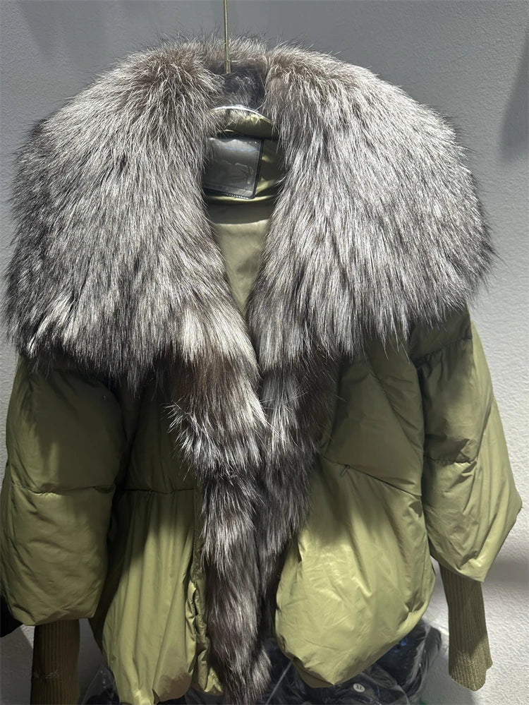 2024 Large Real Silver Fox Fur Collar with Knit Sleeve Winter Women Coat White Duck Down Jacket Super Fashion Outerwear Luxury green silver