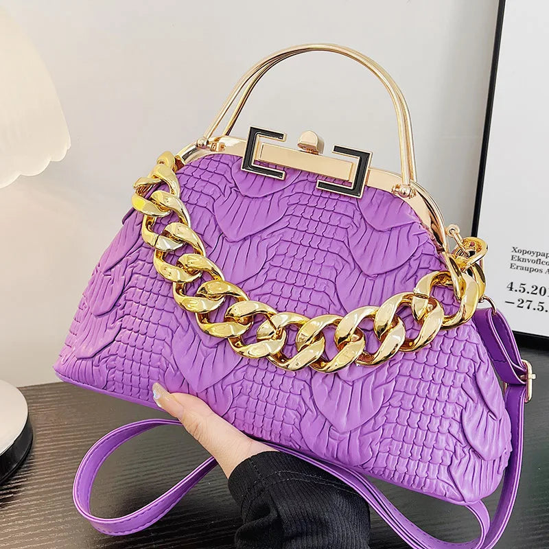 2024 Luxury Women Pink Green Pleat Shoulder Bags Gold Thick Chain Messenger Bags Totes PU Leather Handbags Lady Evening Clutch Lavender (18cm-30cm-11cm)