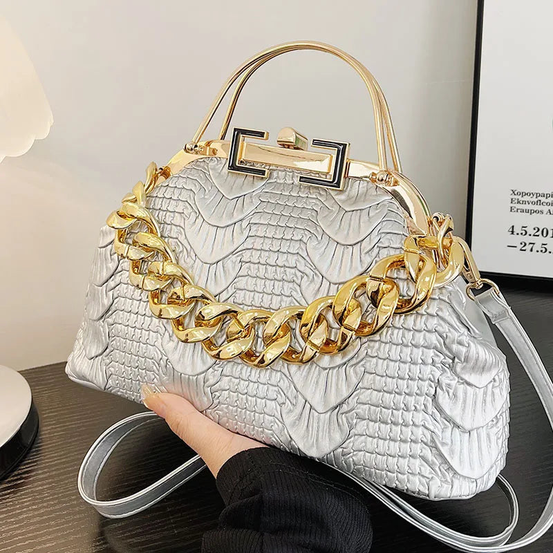 2024 Luxury Women Pink Green Pleat Shoulder Bags Gold Thick Chain Messenger Bags Totes PU Leather Handbags Lady Evening Clutch Silver (18cm-30cm-11cm)