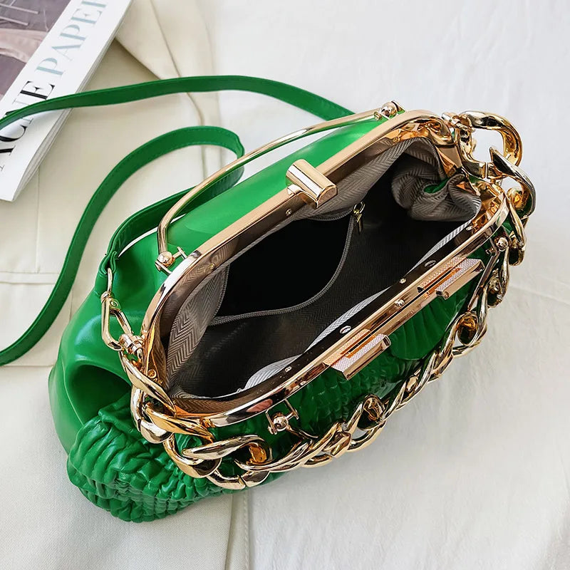 2024 Luxury Women Pink Green Pleat Shoulder Bags Gold Thick Chain Messenger Bags Totes PU Leather Handbags Lady Evening Clutch