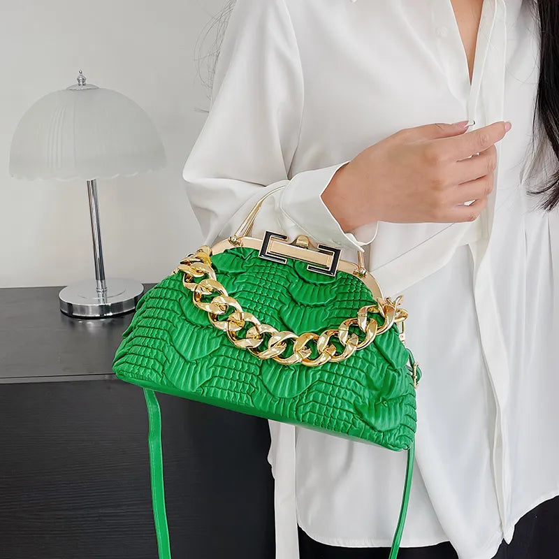 2024 Luxury Women Pink Green Pleat Shoulder Bags Gold Thick Chain Messenger Bags Totes PU Leather Handbags Lady Evening Clutch