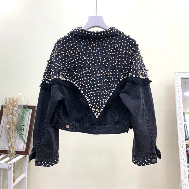 2024 New Fashion Bead Diamond Denim Jacket Women Coat Hand-studded Tassel Femme Loose Short Jeans Coats Student Streetwear P390 black