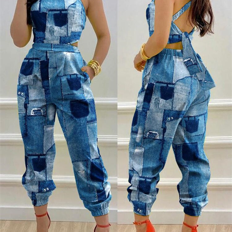 2024 New Floral Print Crisscross Tied Detail Backless Jumpsuit of One Fashion Casual Pieces for Women ODL0775C