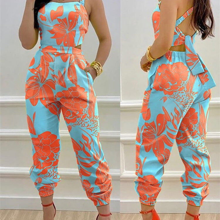 2024 New Floral Print Crisscross Tied Detail Backless Jumpsuit of One Fashion Casual Pieces for Women