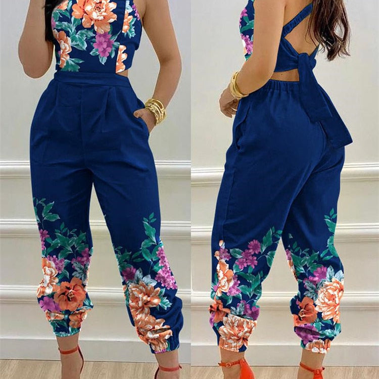 2024 New Floral Print Crisscross Tied Detail Backless Jumpsuit of One Fashion Casual Pieces for Women