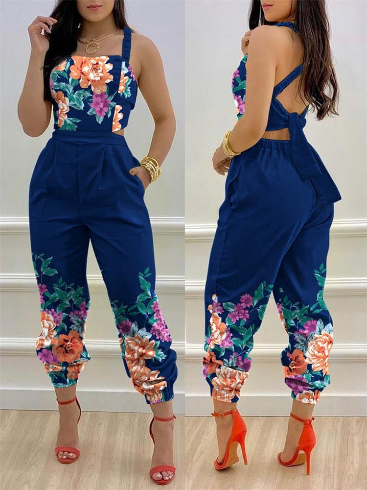 2024 New Floral Print Crisscross Tied Detail Backless Jumpsuit of One Fashion Casual Pieces for Women